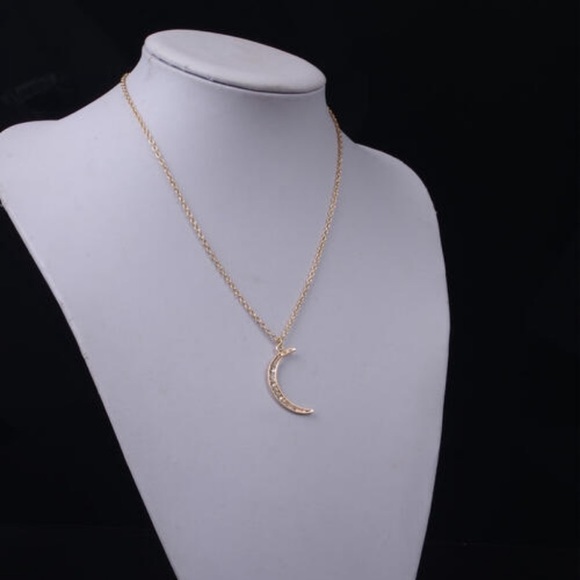 Gold Crescent Moon Necklace W/ Pretty Rhinestones - Picture 5 of 6